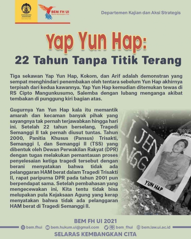 Poster peringatan 22 tahun meninggalnya Yap Yun Hap. (sumber : Twitter BEM FH UI)