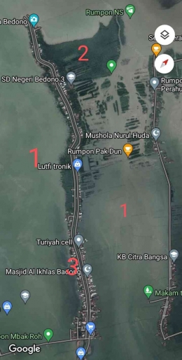 Citra Satelit Desa Bedono, Demak, Jawa Tengah yang tenggelam akibat abrasi pantai (via google maps) 