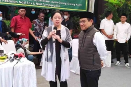 Ketua DPP PDI-P Puan Maharani bersama Ketua Umum PKB Muhaimin Iskandar atau Cak Imin saat menggelar jumpa pers di kawasan TMP Kalibata, Jakarta Selatan, Minggu (25/9/2022). (KOMPAS.com/ADHYASTA DIRGANTARA)