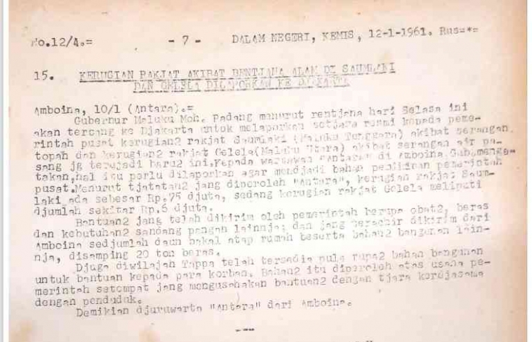 Berita Antara 12 Januari 1961 tentang Bencana Alam di Saumlaki, Maluku
