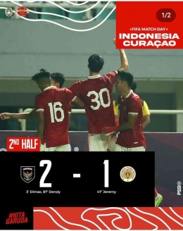 Timnas Indonesia menang atas Timnas Curacao dipertandingan kedua dengan skor 2-1 (foto: IG PSSI) 