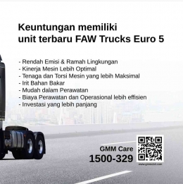 Keunggulan memiliki truk FAW berstandar emisi Euro5. Ilustrasi: Instagram @gayamakmurmobil.