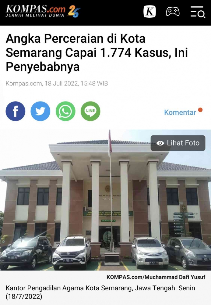 Angka perceraian di kota Semarang melonjak karena istri tidak mau tunduk kepada suami. Sumber: Kompas/tangkapan layar