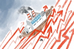 Dalam The Perfect Storm, kapalnya hilang di lumat badai. Syukurlah, dalam badai resesi global, kita mampu melewatinya (Ilustrasi Heryunanto via KOMPAS.id)