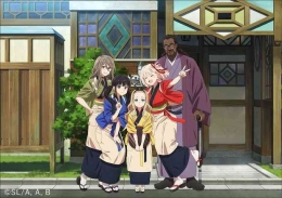 Kafe LycoReco dan para pegawainya. Dari kiri: Mizuki, Takina, Kurumi, Chisato, Mika. (twitter.com/LYCO_RECO, Aniplex)