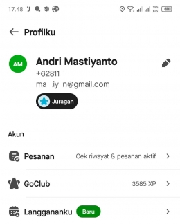 Saya berstatus Juragan dengan 3585 xp di Gojek I Sumber Foto : Screenshoot Apps Gojek