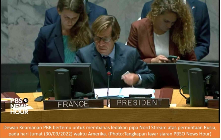 Image: Pertemuan Dewan Keamanan PBB membahas ledakan pipa Nord Stream (Photo Tangkapan layar siaran langsung PBSO News Hour)