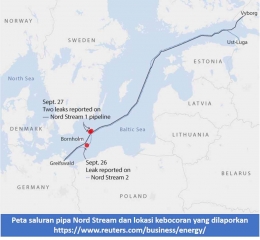 Image: Peta saluran pipa Nord Stream dan lokasi kebocoran (Source: www.reuters.com/business/energy)
