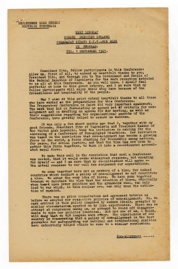 Halaman 1, Pidato Presiden Sukarno pada KTT Gerakan Non Blok di Beograd, 1 September 1961. (Sumber: ANRI: Pidato Presiden Sukarno, No. 333)