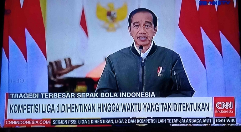 Tangkapan layar TV yang sedang menyiarkan pidato Presiden Jokowi terkait kerusuhan suporter (CNN/tangkapan layar dokpri)