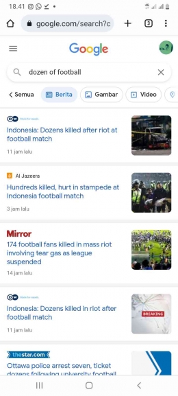 Berita-berita dari media luar negeri tentang insiden berdarah Kanjuruhan Malang (sumber: screenshoot/dokumentasi pribadi)