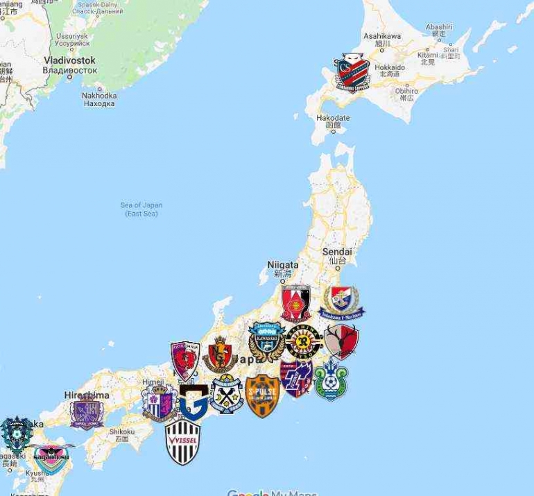 Persebaran klub-klub J-League 1 Jepang musim 2022 (foto: sportleaguemap) 