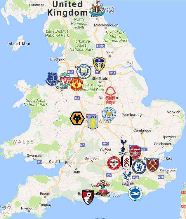 Persebaran klub-klub liga primer Inggris musim 2022/2023 (foto: sportleaguemap) 