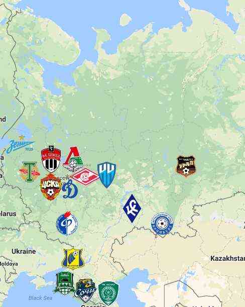 Peta persebaran klub-klub Liga Primer Rusia 2022/2023 (foto: sportleaguemap) 