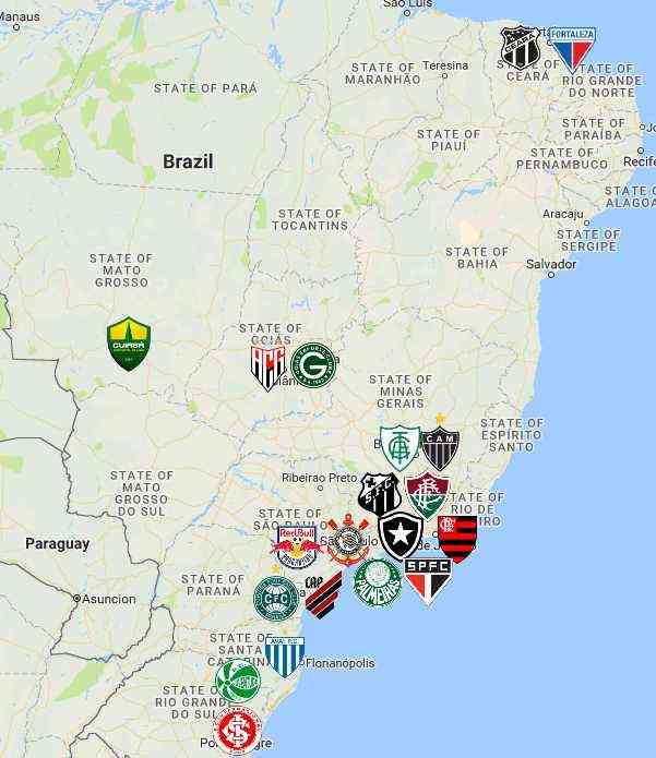 Peta persebaran klub-klub Liga Seri A Brazil musim 2022 (foto: Sportleaguemap) 