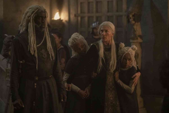 (Dari kiri) Corlys, Rhaenys, Baela, dan Rhaena di episode 7 House of the Dragon. Sumber: HBO