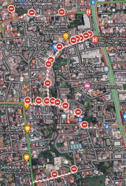 Penutupan Jl. Kemang Timur Jakarta Selatan dan sekitarnya akibat banjir pada 4 Oktober 2022 (Tangkapan layar Google Map)