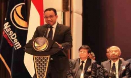 Anies Baswedan saat memberikan pidato politiknya diacara deklarasi capres Partai Nasdem di Nasdem Tower, Jakarta (03/10/2022). Foto : Republika.co.id