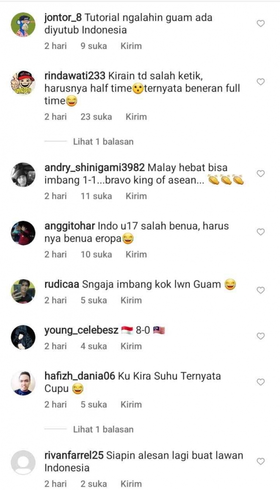 Beberapa komentar netizen Indo (sumber: screenshoot instagram/malayantiger2)