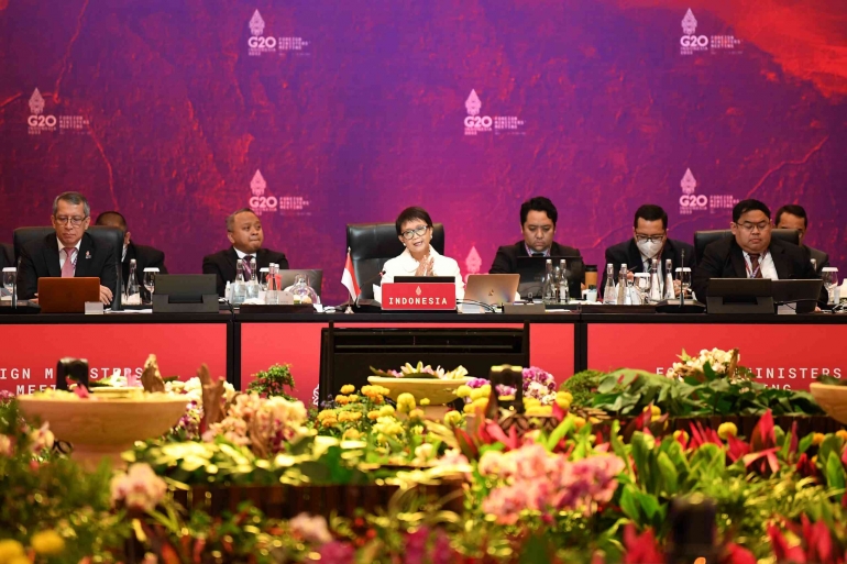 Pidato pembukaan Pertemuan Menteri Luar Negeri G20 yang disampaikan oleh Menteri Luar Negeri Indonesia, Retno Marsudi. (Sigid Kurniawan/ANTARA FOTO)