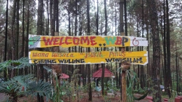 Papan tanda selamat datang di Wisata Bukit Pinus Carangwulung (dokumentasi pribadi)