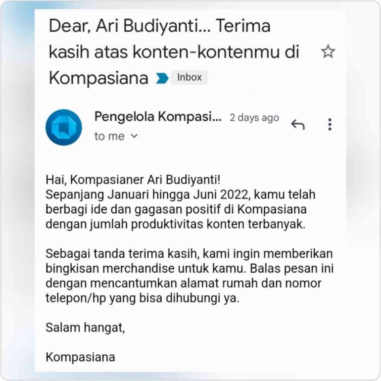 Dokpri tangkap layar email pemulis dari klKompasiana