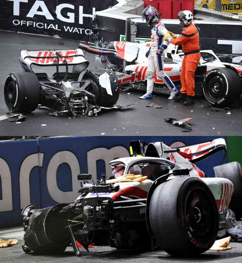 Mick Schumacher crash at Monaco (atas) and Jeddah (bawah) (source: XPB Images)