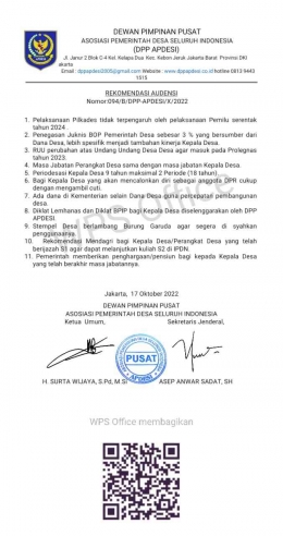 Surat rekomendasi audiensi yang dikeluarkan oleh DPP Apdesi. Foto : dok.Pribadi