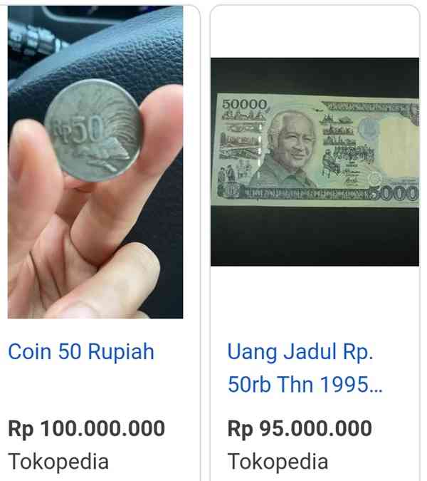 Koin 50 dan uang kertas 50.000 yang ditawarkan penjual awam (Sumber: tangkapan layar tokopedia)