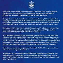 Pernyataan resmi PSIS Semarang (sumber: twitter/PSIS Official)