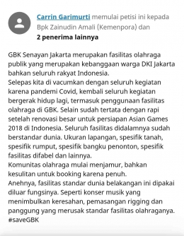 Change.org Selamatkan Fasilitas Olahraga GBK Senayan Jakarta, oleh Carrin Garimurti