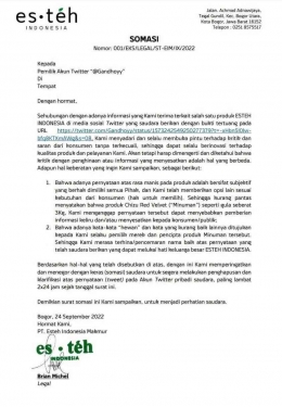 Surat somasi Esteh Indonesia (24 September 2022)