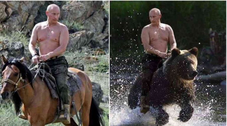 Gambar: foto Putin yang diedit menjadi seperti menunggangi seekor beruang (https://www.quora.com/Does-Putin-ride-bears-to-show-dominance).
