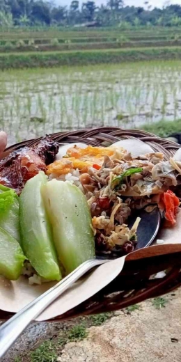 Nikmatnya makan nasi liwet di atas saung berlatar sawah dan Gunung Salak (dokpri) 