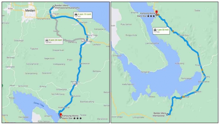 Jalur menuju Desa Wisata Tigarihit, melalui KNO (kiri) dan DTB (kanan) (sumber: google maps)