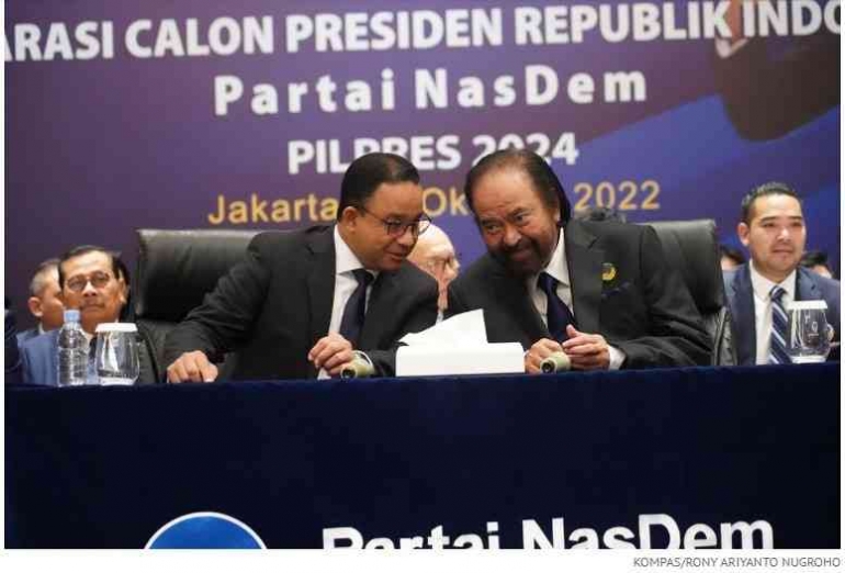Ketum Partai Nasdem Surya Paloh dan Anies Baswedan saat deklarasi Anies sebagai bakal capres di Nasdem Tower, Jakarta, 3/10/2022 (Kompas.id)