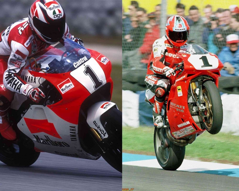 Wayne Rainey dengan Yamaha GP500 dan Carl Fogarty dengan Ducati 916 Superbike. Sumber: Motogp.com