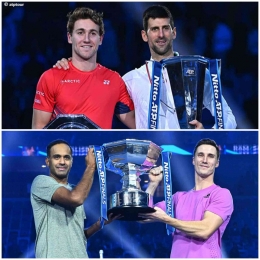 Atas : Novak Djokovic dan Casper Ruud dan bawah Rajeev Ram-joe Salisbury dg trophy ATP Finals 2022. Sumber foto : atptour.com