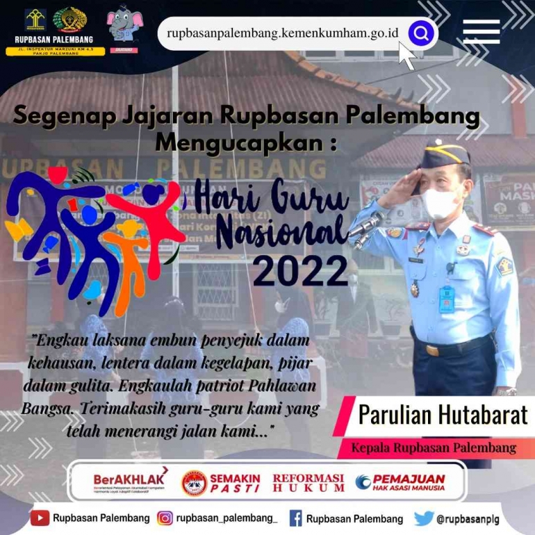 Banner ucapan Selamat Hari Guru Nasional Tahun 2022 dari Rupbasan Palembang (Dok. Humas Rupbasan Palembang)