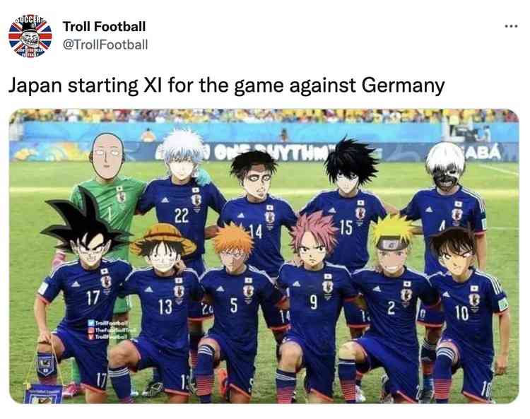 Meme Timnas Jepang yang menampilkan skuad Kapten Tsubasa (nomor 10) yang diunggah netizen usai mengungguli Jerman dalam laga perdana, 23/11/2022 (Foto-meme: Twitter/@TrollFootball). 