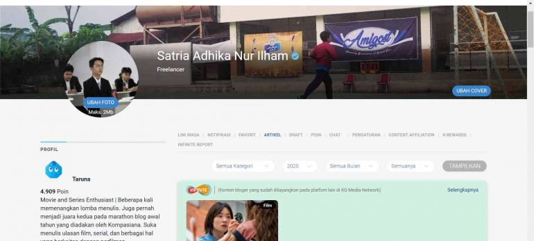 Profil akun kompasianaku, sumber : screenshot/kompasiana.com/satriaadhika2005