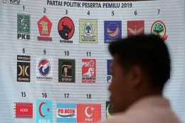 Sebagian materi yang dibawakan Ketua Komisi Pemilihan Umum Arief Budiman ditampilkan dalam layar dalam refleksi penyelenggaran pemilu serentak 2019 dan persiapan penyelenggaraan pemilu serentak 2020 di Kantor KPU, Jakarta, Rabu (22/1/2020) | KOMPAS/HERU SRI KUMORO 