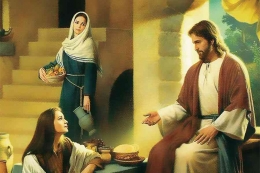 Maria yang duduk dekat kaki Yesus dan Marta yang sibuk melayani. Sumber: Paroki Cikarang Gereja Ibu Teresa