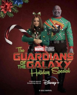 Drax and Mantis in Guardians of the Galaxy Holiday Special Poster via marvel studio 