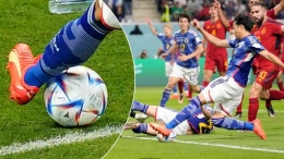 Kontroversi gol kedua Jepang, terlihat sekilas bola telah keluar garis. (Foto: Sky Sports)