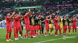 Skuad Taeguk Wariors merayakan kemenangan saat melawan Skuad Portugal, dan dinyatakan lolos ke babak 16 besar, Sumber : Tribunnews.com