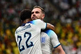 Bellingham rayakan gol pertama Inggris ke gawang Senegal, dicetak Henderson di 16 besar Piala Dunia 2022: AFP/ANNE-CHRISTINE POUJOULAT via Kompas.com