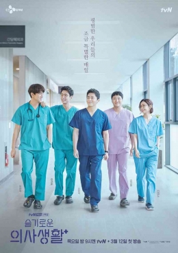 Para pemain Hospital Playlist sedang berjalan di koridor rumah sakit. (Sumber: Asianwiki.com)