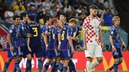 Selebrasi para pemain Jepang, saat Daizen Maeda cetak gol ke gawang Kroasia. (Foto: AFP PHOTO)