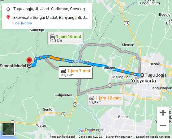 Jarak tempuh Ekowisata Sungai Mudal dari pusat Kota Yogyakarta (Dok. Google Maps)